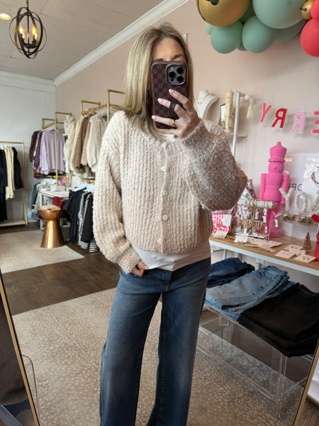 Fluffy Knit Button Up Cardigan Sweater-Alpaca