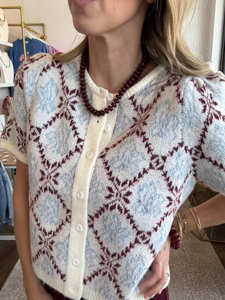 Merlot & Ivory Floral Short Sleeve Sweater