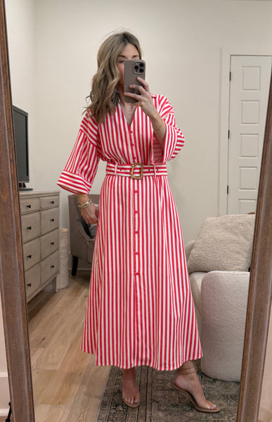 Red Stripe Belted Midi Dress