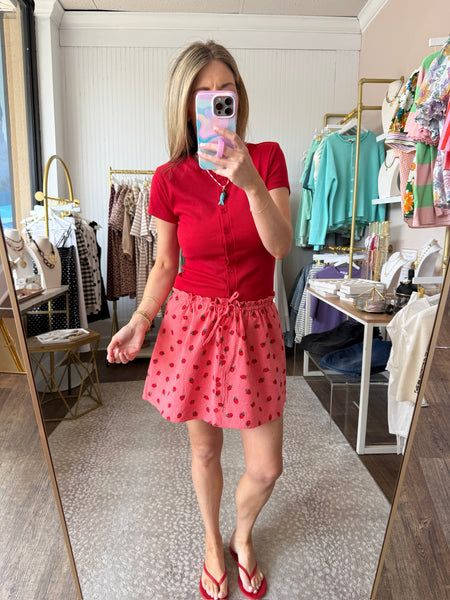 Red Ribbed Button Front Top