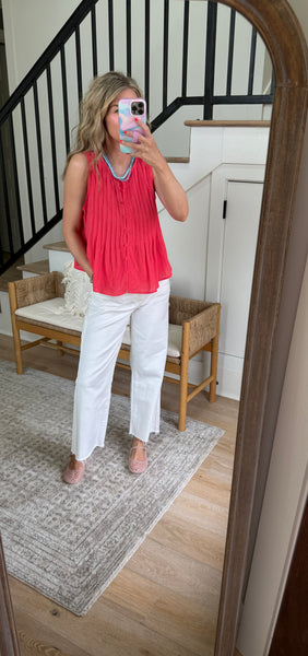 Papaya Pleated Button Up Tank