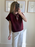 Wine Lace Up Shoulder Sweater
