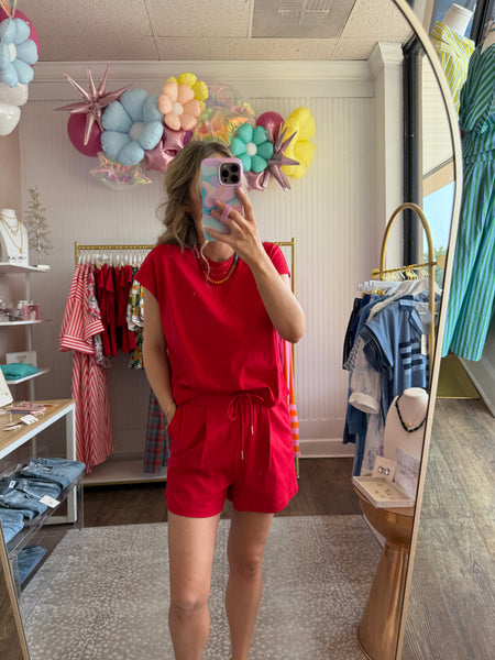 Red Cap Sleeve Shorts Set