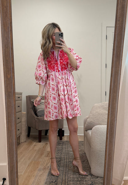 Pink & Red Embroidered Dress