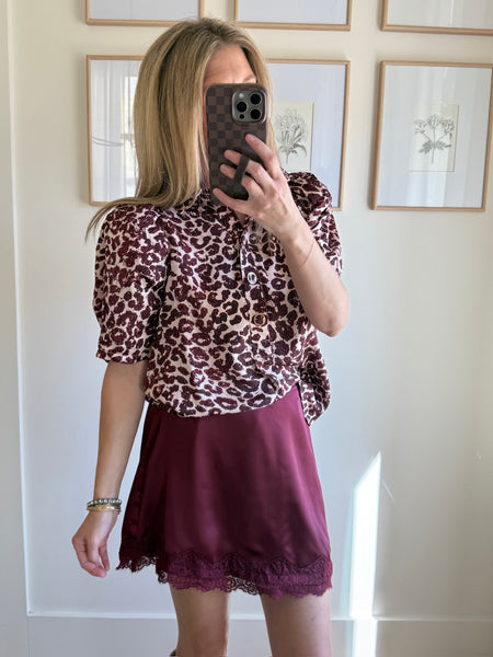 Maroon Animal Print Collared Top