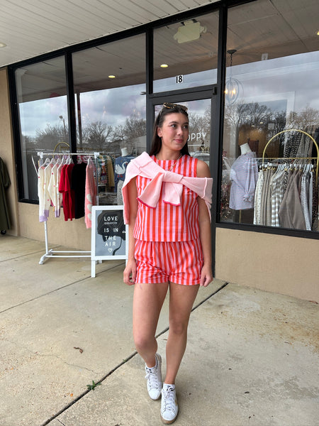 Coral Stripe Shorts Set - 2 Pcs