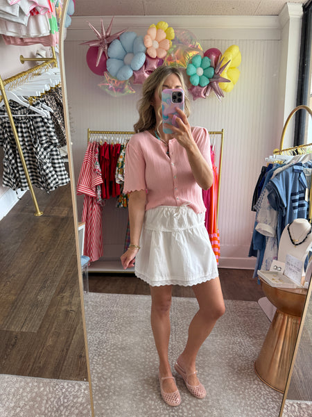 Pink Scalloped Pointelle Sweater