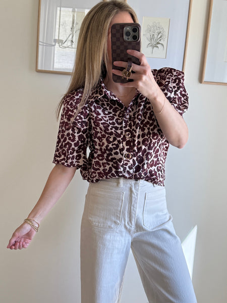 Maroon Animal Print Collared Top