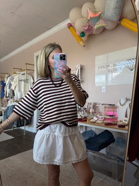 Wine Crochet Striped Sweater