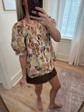 Ecru Leaf Print Short Sleeve Blouse