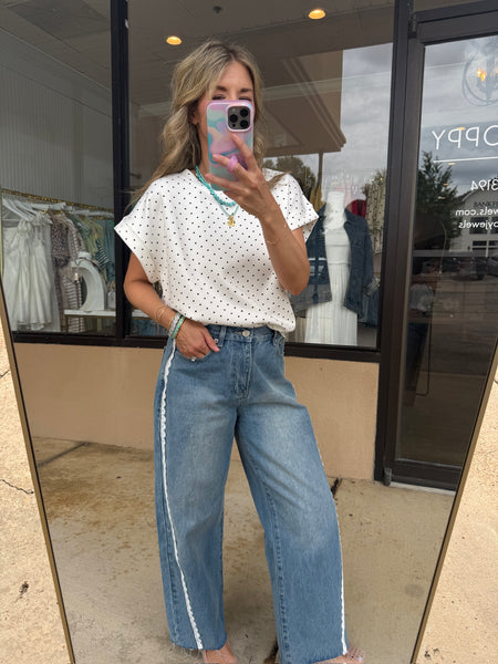 Lace Trim Barrel Denim Pants