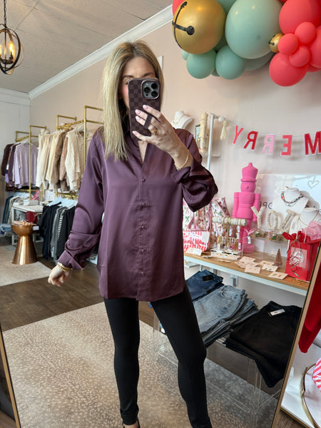 Satin shirt with collar - dark cherry