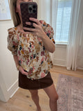 Ecru Leaf Print Short Sleeve Blouse