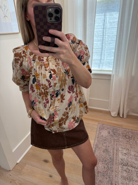 Ecru Leaf Print Short Sleeve Blouse