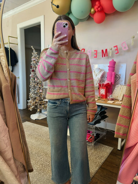 Taupe Striped Button-up Cardigan