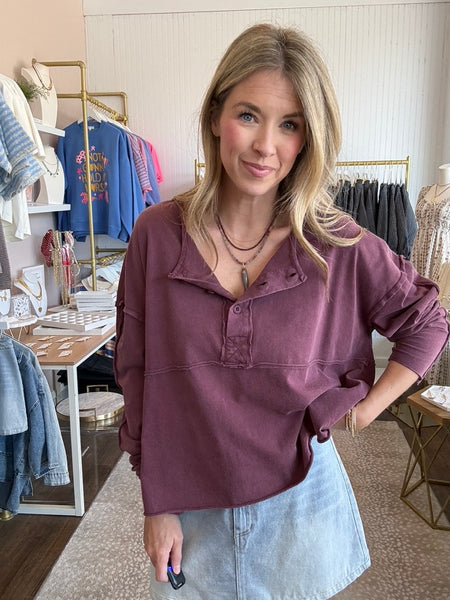 Maroon Raw Edge Henley Top