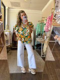 Green Floral Puff Sleeve Blouse
