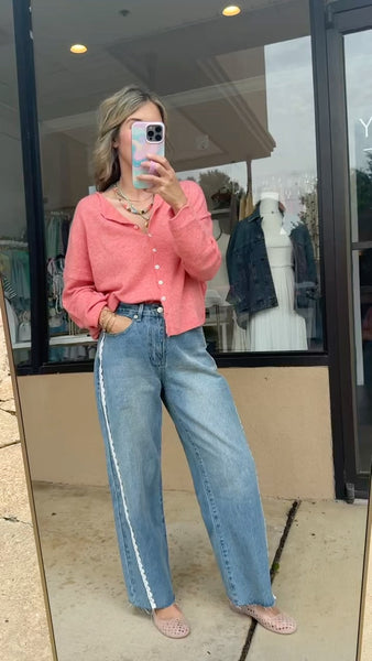 Lace Trim Barrel Denim Pants