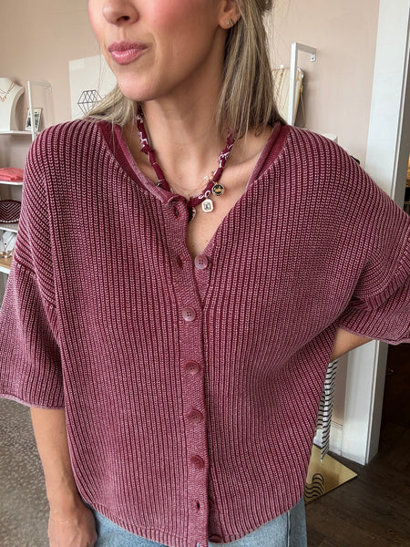 Maroon Washed Ribbed Short Sleeve Cardigan
