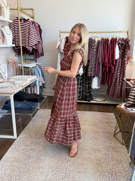 Maroon Plaid Ruffled Maxi Dress