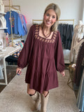 Wine Embroidered Square Neck Dress