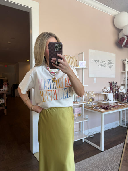 Chartreuse Satin Midi Skirt