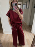 Maroon Contrast Stitch Pants Set - 2pcs