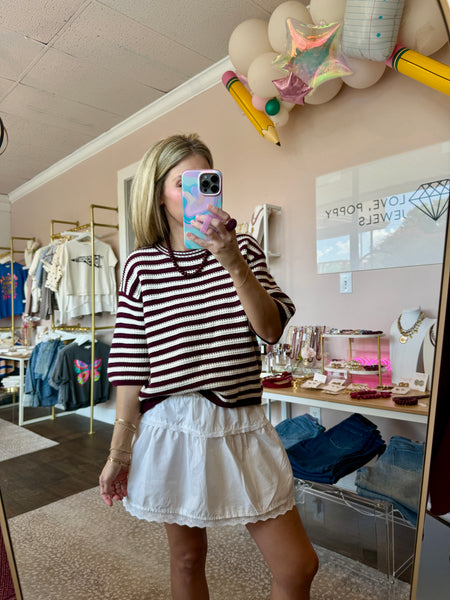 Wine Crochet Striped Sweater