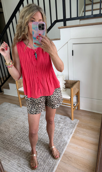 Papaya Pleated Button Up Tank