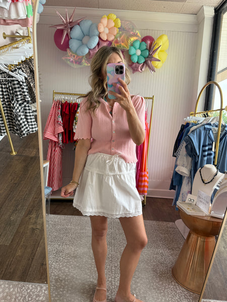 Pink Scalloped Pointelle Sweater