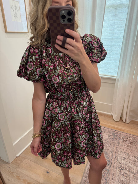 Brown Floral Puff Short Sleeve Dress