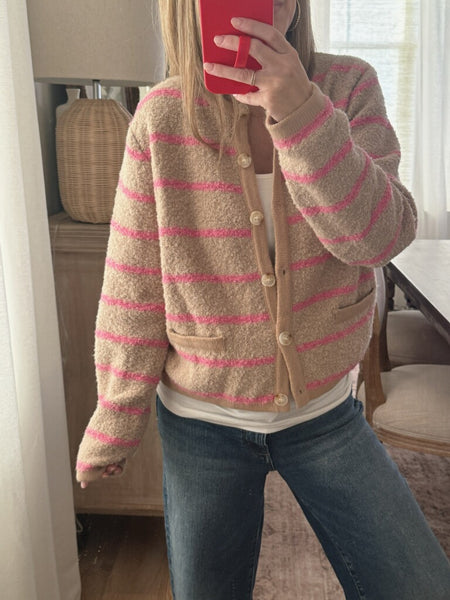 Taupe Striped Button-up Cardigan