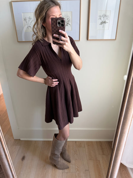 Chestnut Ribbed Knit Collared Dress