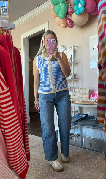 Coastal Stripe Button-Up Sleeveless Sweater