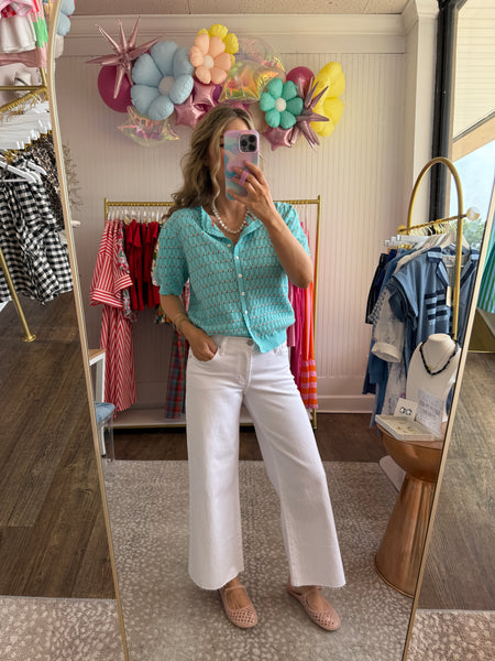 Blue Pointelle Puff Sleeve Sweater