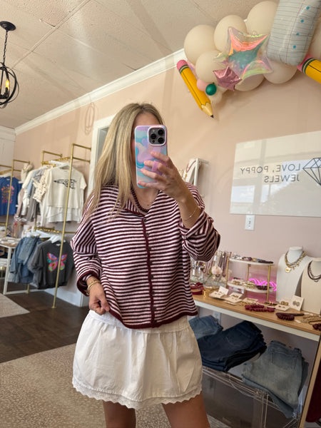 Maroon Stripe Long Sleeve Cardigan