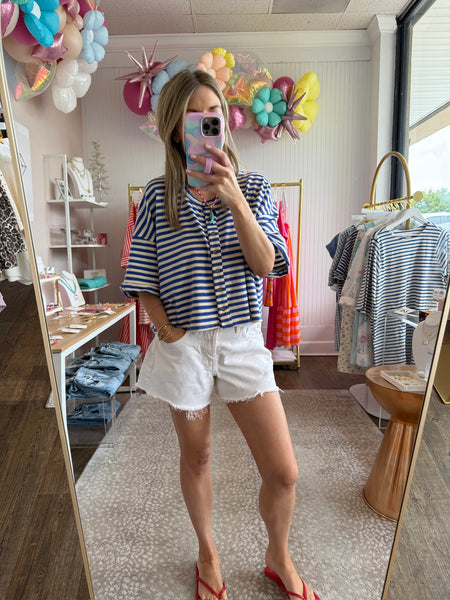 Striped Button Up Crew Tee - Blue