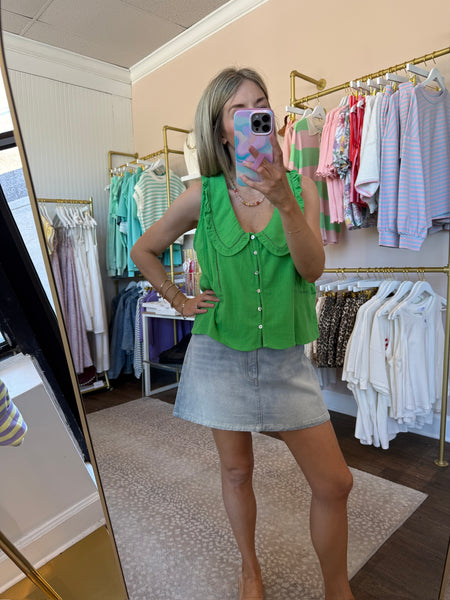 Green Ruffle Collar Button Up Tank