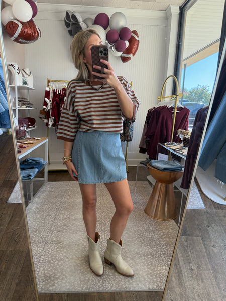 Brown Stripe Short Sleeve Sweater