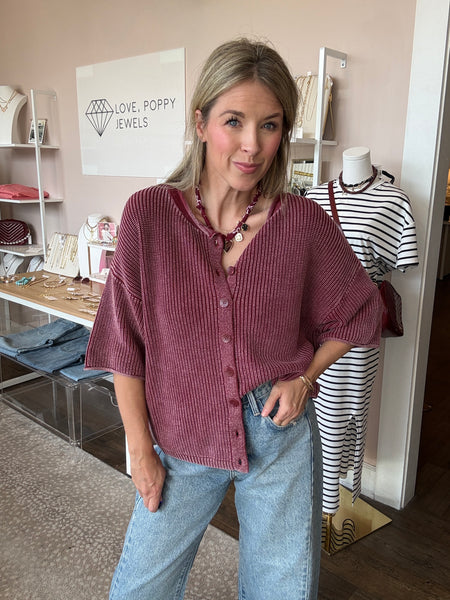 Maroon Washed Ribbed Short Sleeve Cardigan