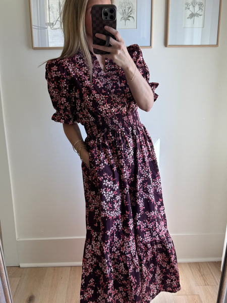 Wine Floral Tiered Midi Dress