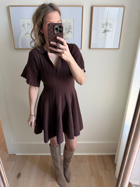 Chestnut Ribbed Knit Collared Dress