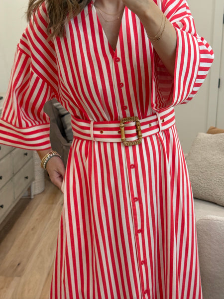 Red Stripe Belted Midi Dress