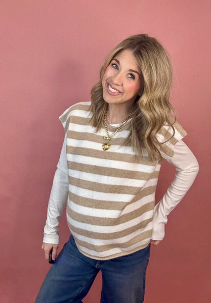 Neutral Stripe Short Sleeve Sweater