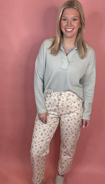 Floral Ecru Denim Pants