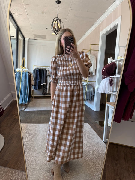 Latte Plaid Smocked Midi Dress