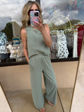 Sage Green Sleeveless Top/Pants Set - 2pcs