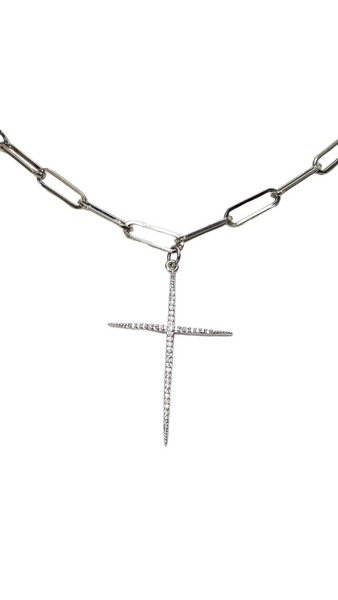 Paperclip CZ Cross Necklace