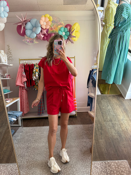 Red Cap Sleeve Shorts Set