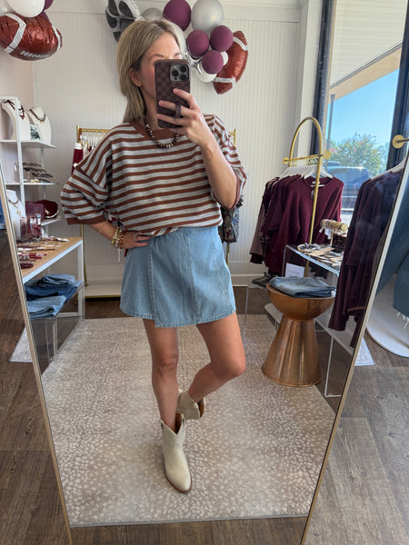 Brown Stripe Short Sleeve Sweater